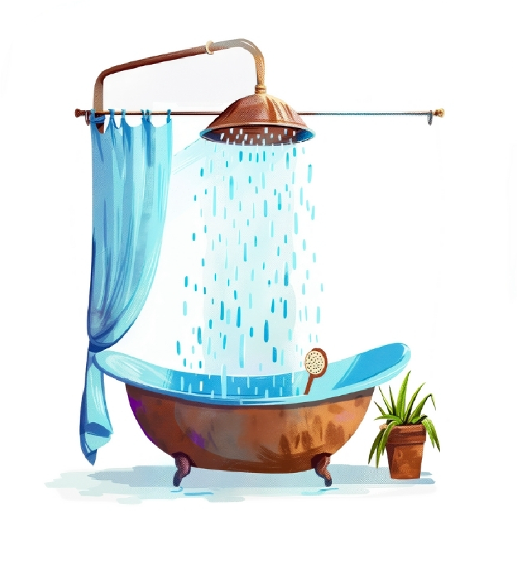 A visual cue card representing the action of bath and shower time for children